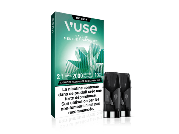 Vuse | Une boîte de dosettes Vuse Intense « menthe fraîche ice » avec deux dosettes noires au premier plan. L'emballage présente un motif de feuilles vertes et, en bas, une mention d'avertissement relative à la nicotine en français. | Cigarettes Electroniques et Recharges