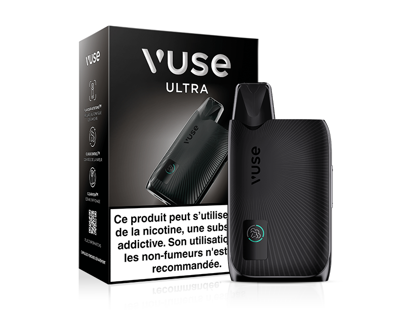 Vuse | On voit un vaporisateur Vuse Ultra noir posé devant son emballage assorti, sur lequel figurent le logo Vuse Ultra et les informations sur le produit en français. | Cigarettes Electroniques et Recharges