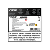 Dos de la boîte d'un VUSE Ultra Kit Simple Edition en français, montrant le contrôle des nuages, des informations sur les arômes, des conseils de nettoyage de l'appareil, et un grand avertissement sur la nicotine indiquant que ce kit n'est pas recommandé pour les non-fumeurs.