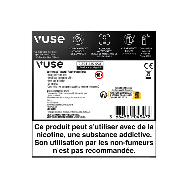 Dos de la boîte d'un VUSE Ultra Kit Simple Edition en français, montrant le contrôle des nuages, des informations sur les arômes, des conseils de nettoyage de l'appareil, et un grand avertissement sur la nicotine indiquant que ce kit n'est pas recommandé pour les non-fumeurs.