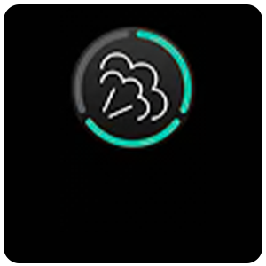 Vuse | Une icône circulaire représentant des nuages et du vent avec un contour blanc sur fond noir, partiellement entourée d'un anneau de progression vert. | Cigarettes Electroniques et Recharges
