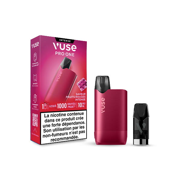 Une e-cigarette VUSE Pro ONE Box Fruits Rouges Intense avec une dosette assortie apparaît à côté de son emballage, qui comporte des détails sur le produit en français et des images de baies rouges, mettant en valeur ce kit prêt à vaper.