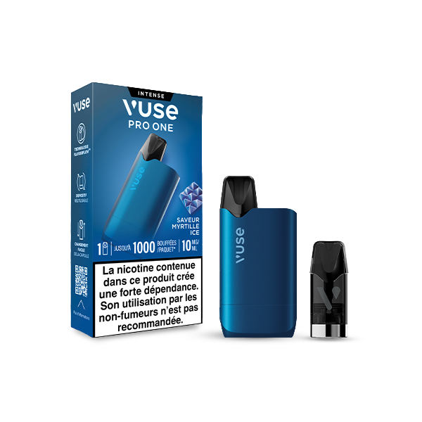 L'e-cigarette VUSE Pro ONE Box Myrtille Ice et la cartouche sont présentées à côté d'un emballage comportant le nom du produit, l'arôme Myrtille Ice, un avertissement sur la nicotine, le logo de la marque et une image de l'appareil.
