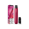 Une Vuse Pro ONE Bar Fruits Rouges Intense de VUSE, de couleur rouge, se tient debout à côté de sa boîte et de son embout noir. L'emballage présente les détails du produit, un avertissement sur la nicotine en français et met en avant la saveur Fruits Rouges Intense.