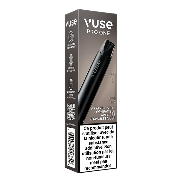 Une boîte VUSE Pro One Kit Simple, noire avec un texte blanc, présente l'appareil et un avertissement sur la nicotine en français au bas de la boîte. Il met en évidence son système fermé et est destiné à être utilisé uniquement par des fumeurs.